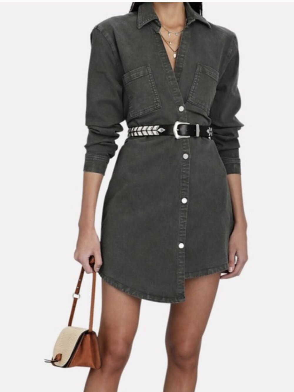 Le Jean Eliza Denim Mini Shirt Dress Asymmetrical Button Green Cotton Size Small